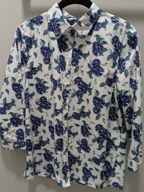Lands' End Women's 3/4 Sleeve Blue/White Floral Blouse NO IRON Supima Size 12